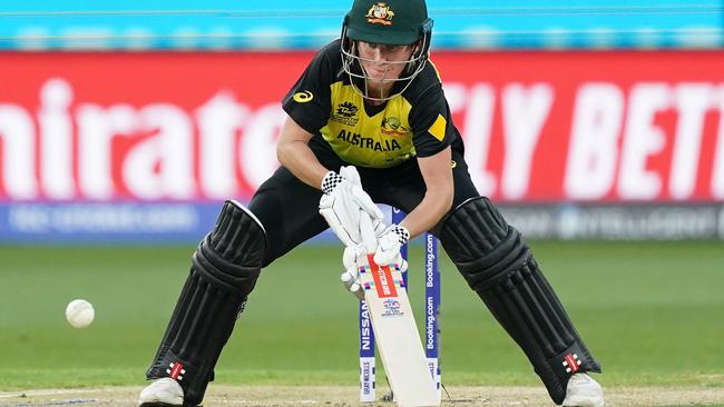 Beth Mooney improvises against India. Picture: AAP