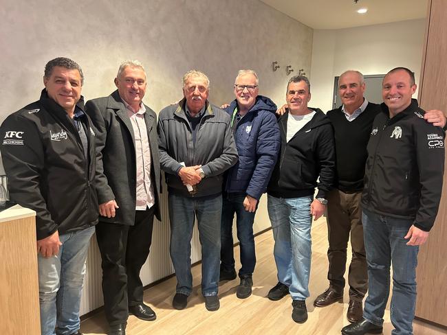 Dogs of War legends Joe Thomas, Peter Kelly, Warren Ryan, Paul Langmack, David Gillespie, Andrew Farrar and Canterbury chairman Adam Driussi. Credit: Supplied.