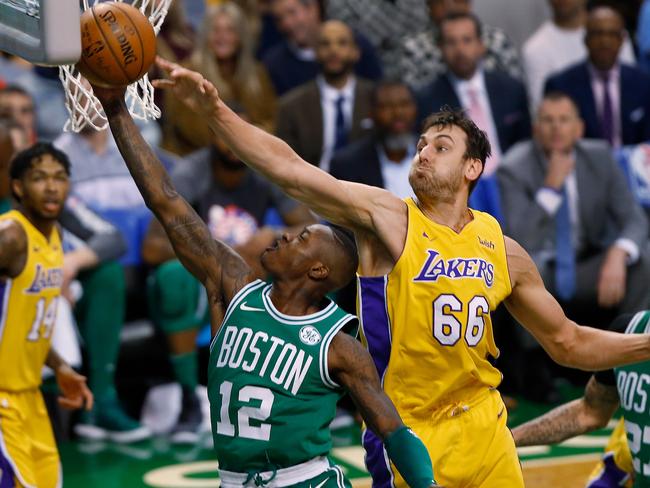 Bogut guarding the rim for the LA Lakers. Picture: AP