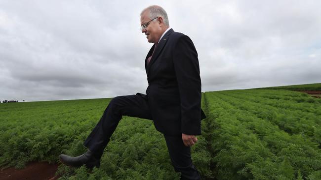 Scott Morrison at a carrot farm in Devonport, Tasmania during the last federal election in 2019. Picture: Gary Ramage