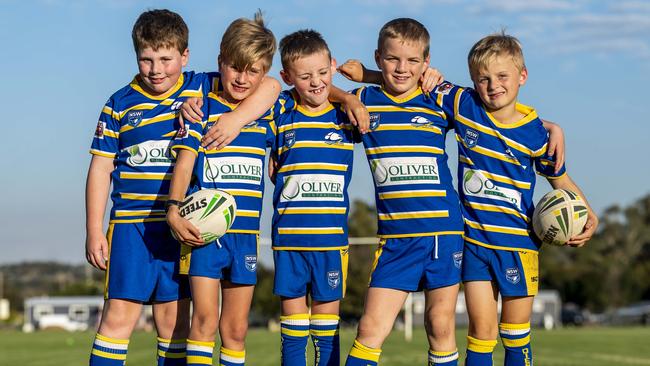 Junee NSW Local Under 8s Rugby League Boys: (from left) Lachlan Oliver, Cameron Ballard, Archer Brady, Edward Muller and William White. Picture: Darren Leigh Roberts