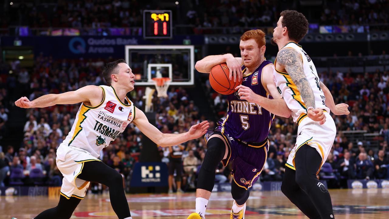 SYDNEY, AUSTRALIA - MAY 11: Angus Glover of the Kings (C) in action during game three of the NBL Grand Final series between Sydney Kings and Tasmania JackJumpers at Qudos Bank Arena on May 11, 2022 in Sydney, Australia. (Photo by Mark Metcalfe/Getty Images)