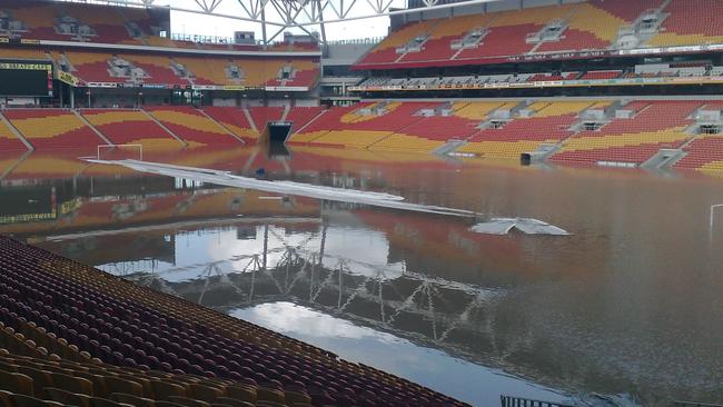 They playing field at Suncorp Stadium during the 2011 Brisbane floods. Picture: AAP Image/Miles Godfrey