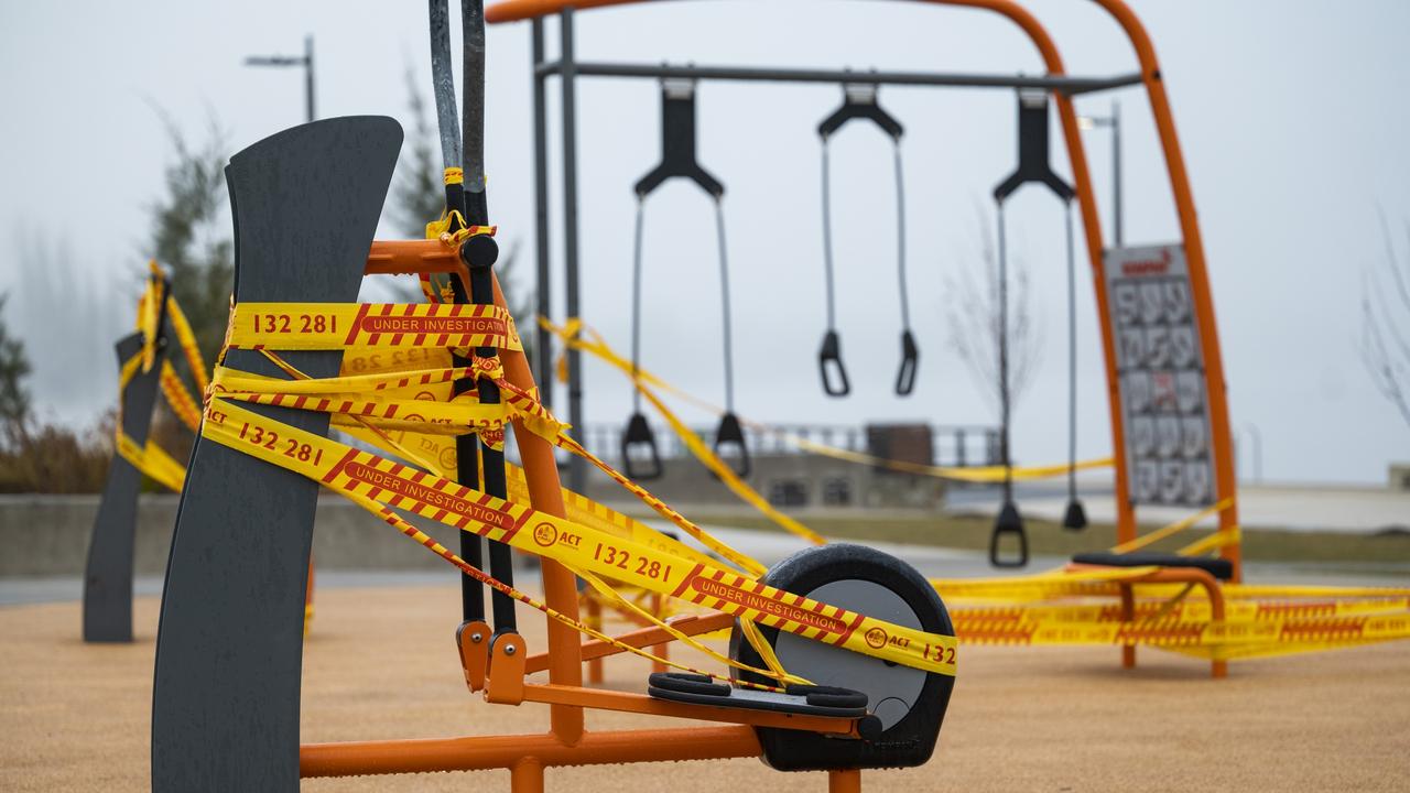 Gym equipment is taped off during lockdown at Commonwealth Park in Canberra. Picture: NCA NewsWire / Martin Ollman