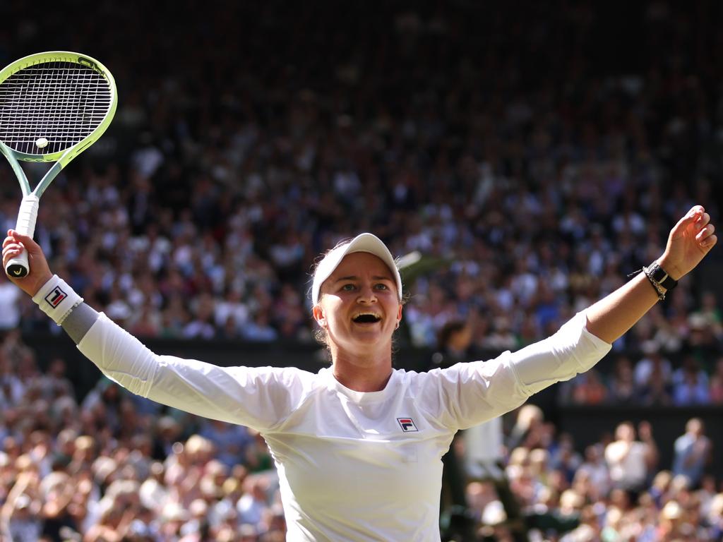 Barbora Krejcikova celebrates her Wimbledon victory. Picture: Getty Images