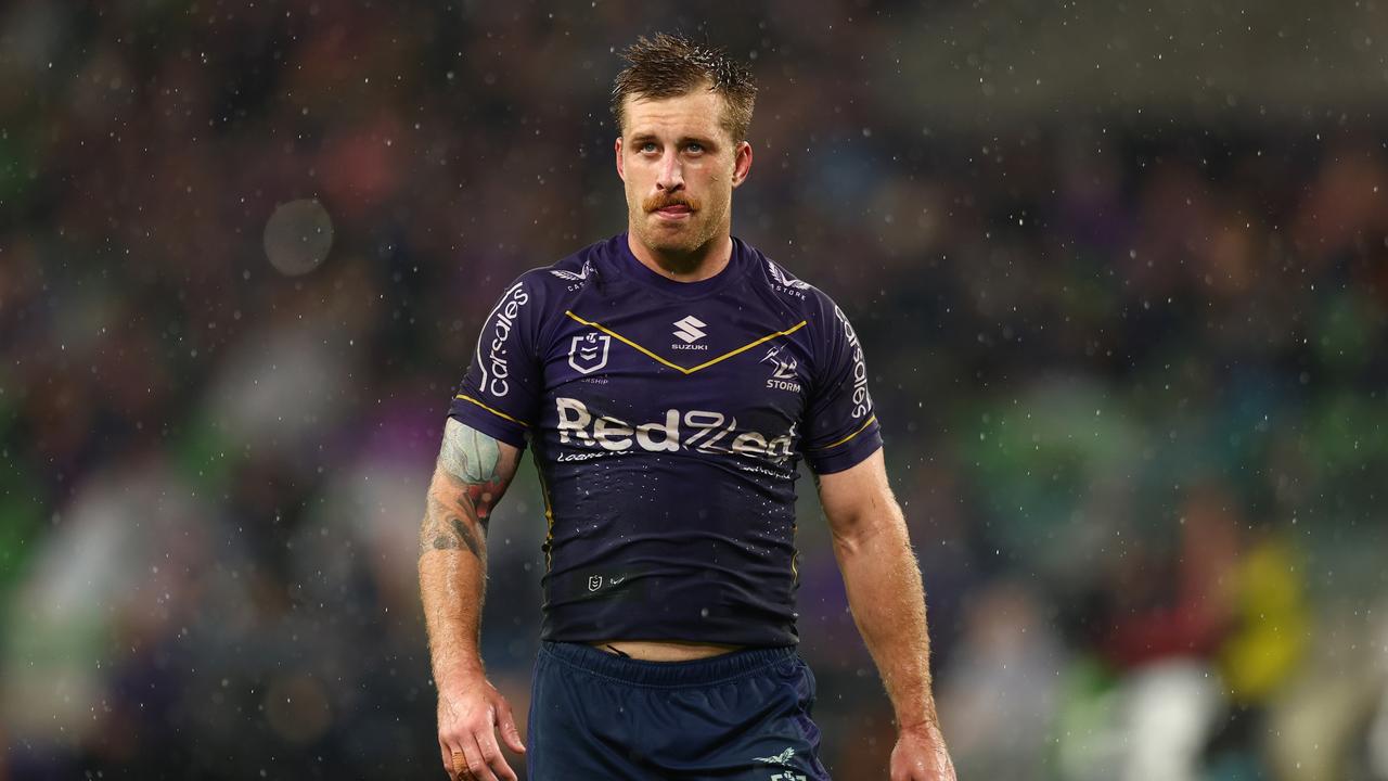 MELBOURNE, AUSTRALIA - APRIL 06: Cameron Munster of the Storm looks on during the round six NRL match between the Melbourne Storm and Sydney Roosters at AAMI Park on April 06, 2023 in Melbourne, Australia. (Photo by Graham Denholm/Getty Images)