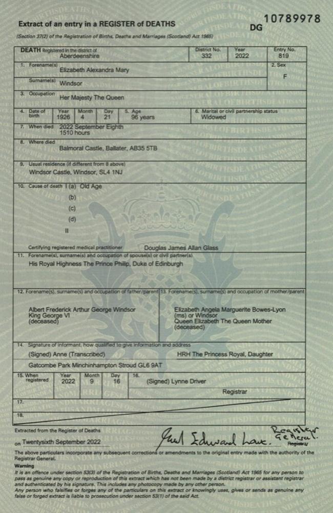 The Queen’s death certificate.