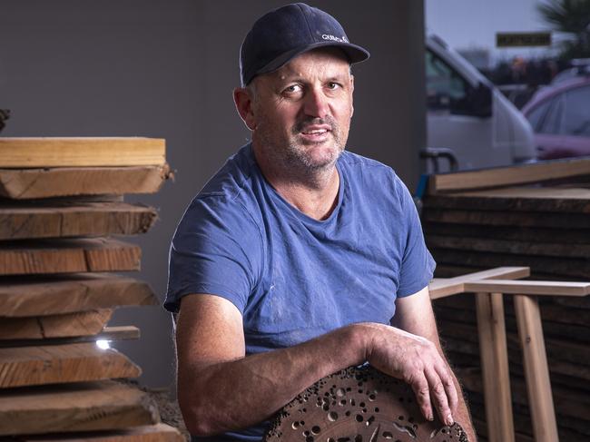 Jason Somerville in his unique furniture store in Williamstown prides itself on making environmentally friendly custom furniture pieces using local woods, with the goal of re-establish the local furniture scene in a post-covid world.Picture by Wayne Taylor 4th November 2020