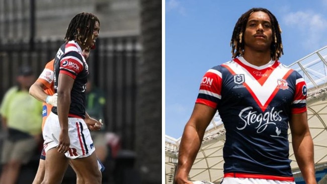 Sydney Roosters star Dominic Young is taken from the field. Photos: NRL Photos and Sydney Roosters