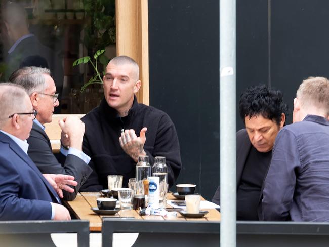 Foxtel boss Patrick Delany, Fox Sports managing director Steve Crawley, Dustin Martin, Fox Footy commentator Jack Riewoldt and Martin's manager Ralph Carr.