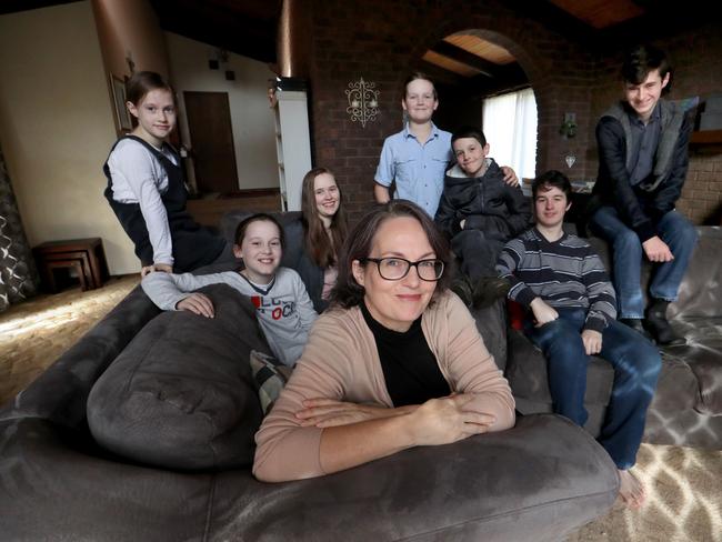 29/06/2018 Anti abortion campaigner Kathy Clubb with her children Danielle 7, Miriam 9, Eva 14 , Tobias 11, Matthew 9, Elijah 17 and  Lucien 16, at their home in Montmorency, Melbourne. Picture : David Geraghty / The Australian.