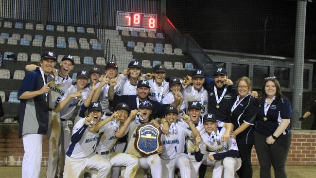 LEAGUE CHAMPIONS: Southern Mariners were jubilant after they won in extra innings against Macarthur to secure the 2021 Australian Senior League Championships at the baseball complex at Albert Park in Lismore on May 12, 2021. Photo: Alison Paterson