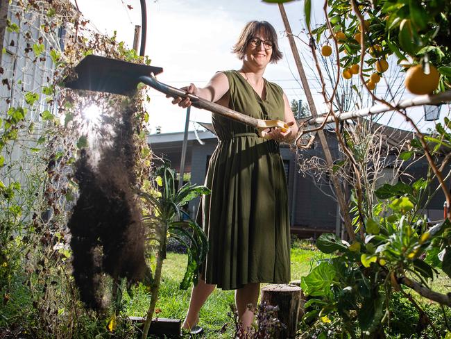 Hana Broughton is interested in having soil tested through VegeSafe, on May 5th, 2021, in her Magill backyard veggie patch.Picture: Tom Huntley