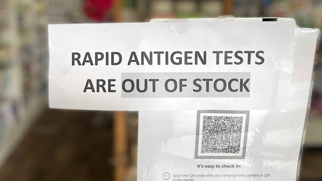 DAILY TELEGRAPH 4TH JANUARY 2022Pictured is a sign at Annandale Pharmacy in Annandale in Sydneys inner west where RAT's sell for $19.95 for 1 test of $89 dollars for 5. They currently have no stock though and can't  say when more will arrive.Rapid Antigen Tests are have become hard to find and there has been evidence of price gouging due to the scarcity.Picture: Richard Dobson