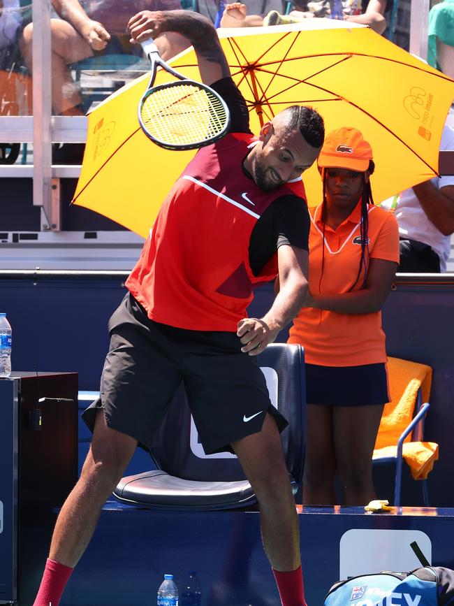 Nick Kyrgios of Australia slams his racket in his match against Jannik Sinner of Italy in Miami Gardens. Picture: Getty Images