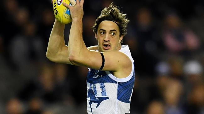 Taylor Garner of the Kangaroos takes a mark and scores a goal during the Round 10 AFL match between the Carlton Blues and the North Melbourne Kangaroos at Etihad Stadium in Melbourne, Sunday, May 28, 2017. (AAP Image/Tracey Nearmy) NO ARCHIVING, EDITORIAL USE ONLY