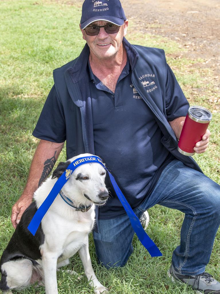 Dale Formosa with Shaundar Lately after they won the Open 3 sheep trial on day 3 of the Toowoomba Royal Show. Sunday, March 27, 2022. Picture: Nev Madsen.