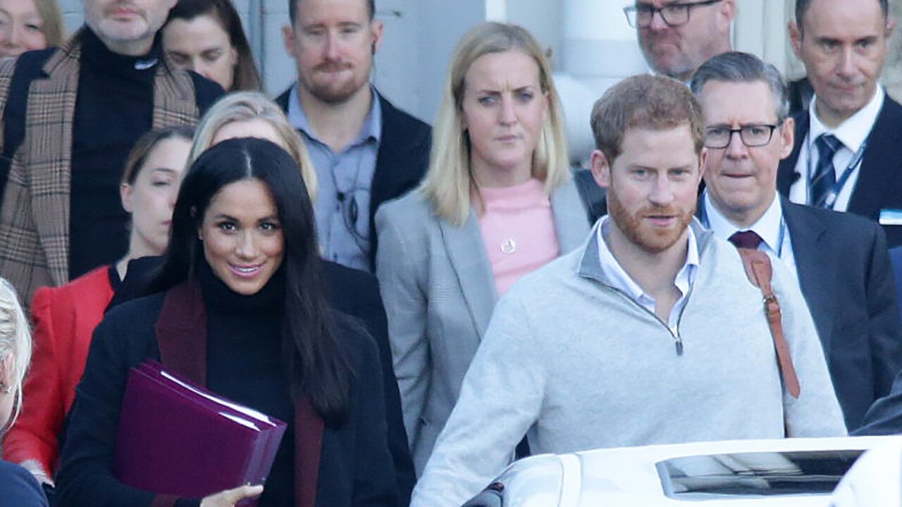 Meghan and Harry looked happy and relaxed as they landed in Sydney on Monday. Picture: Matrix