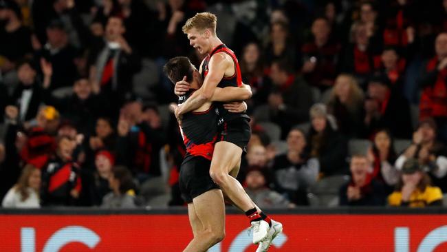 Young Bomber Ben Hobbs celebrates his first goal in AFL footy. Picture: Dylan Burns/AFL Photos