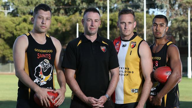 Goodwood’s Tom Edwards (left) and coach Adam Jeffries with captain Lou Whitelock and Ben Holzbauer before the season. The Saints snuck into the finals in the last minor round. Picture: APP/Emma Brasier