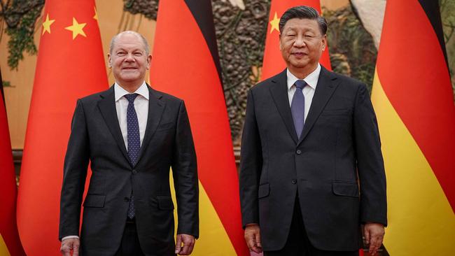 Chinese President Xi Jinping welcomes German Chancelor Olaf Scholz at the Grand Hall in Beijing in 2022. Picture: AFP