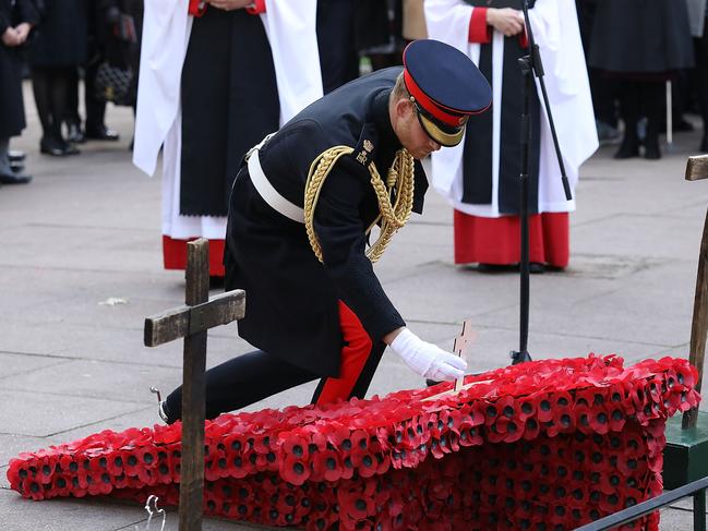 Wearing his military uniform, Prince Harry made his sixth visit to the Field of Remembrance. Picture: Getty Images