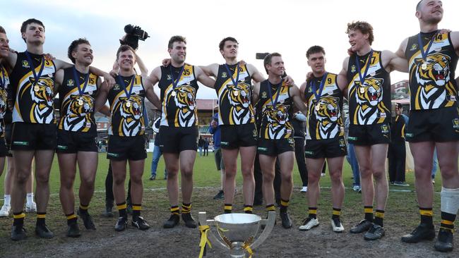 Tigers player celebrate in the middle of North Hobart Oval. Picture: Nikki Davis-Jones