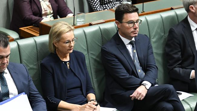 Can they work it out? Sussan Ley and David Littleproud during Question Time at Parliament House in Canberra. Picture: NewsWire / Martin Ollman