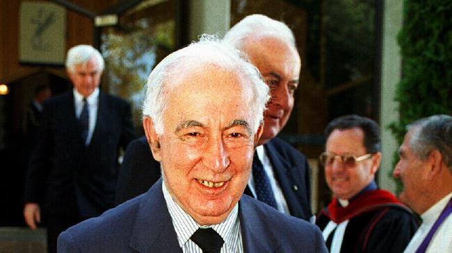 Zelman Cowen with Gough Whitlam behind him at a memorial service in 1995. Picture: Ray Strange