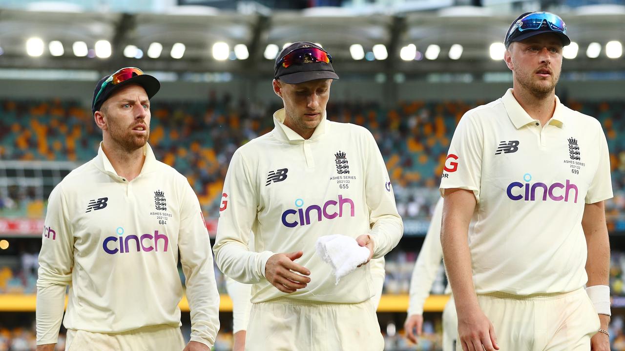Joe Root, Jack Leach and Ollie Robinson. Photo by Chris Hyde/Getty Images.
