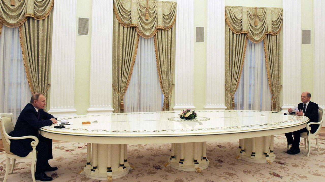 The Russian leader has been mocked for the large meeting table. Picture: Mikhail Klimentyev/Sputnik/AFP