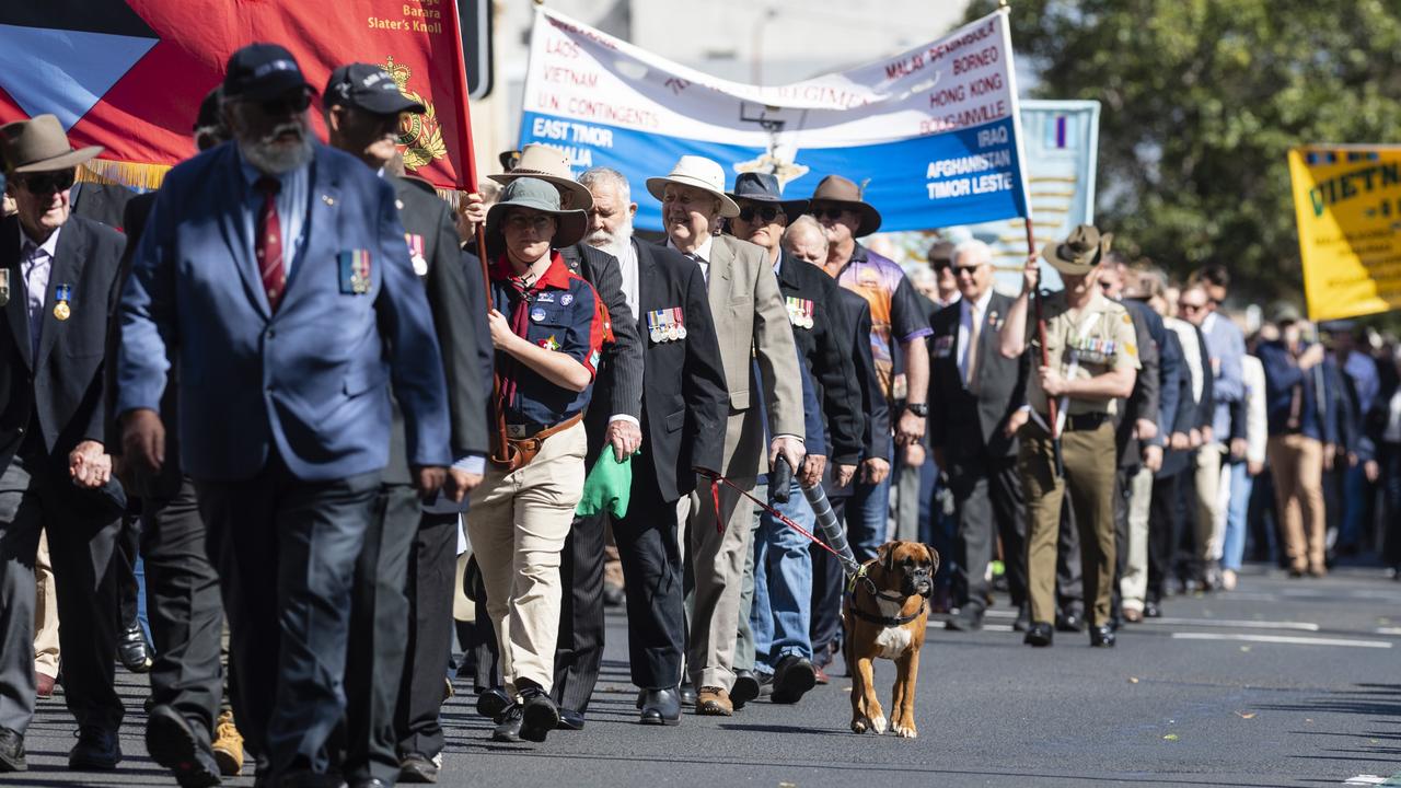 March to the Mothers' Memorial for the mid-morning Toowoomba Anzac Day service, Tuesday, April 25, 2023. Picture: Kevin Farmer