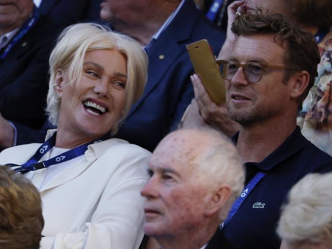 MELBOURNE , AUSTRALIA. January 27 , 2024. Australian Open Tennis. Day 14. Mens  final. Jannik Sinner vs Daniil Medvedev on Rod Laver Arena.  Deborra-Lee  Furness and Simon Baker . Pic: Michael Klein