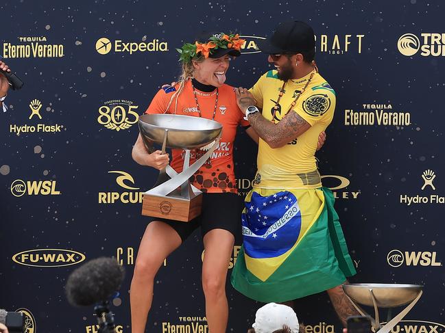 Stephanie Gilmore of Austrlalia and Felipe Toledo celebrate after being named World champion. Picture: Sean M. Haffey/Getty Images