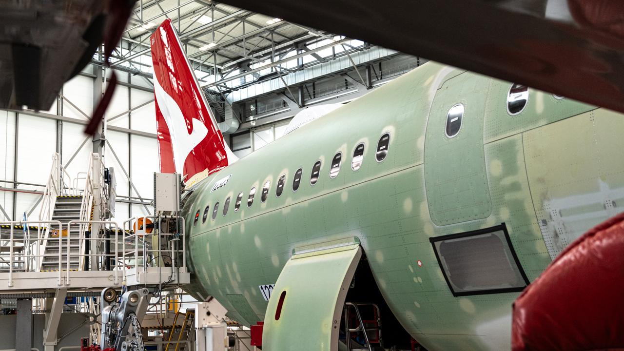 A first look at the aircraft Qantas hopes will transform its fleet - the A321XLR on the final assembly line in Hamburg, Germany.