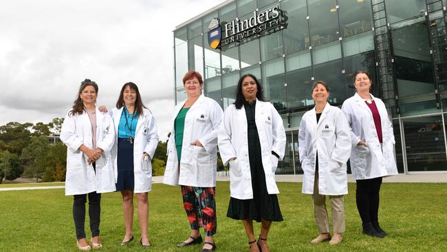 Prof. Karen Burke de Silva, Prof Claire Lenehan, Prof Melissa Brown, A/Prof Maria Parappilly OAM, Prof Briony Forbes, Prof Catherine Abbott at Flinders University. Picture: AAP/ Keryn Stevens