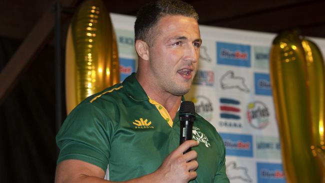 Sam Burgess speaks at the Orara Valley Axemen season launch at the Moonee Beach Hotel. Picture: Media Mode/Brendan Beirne