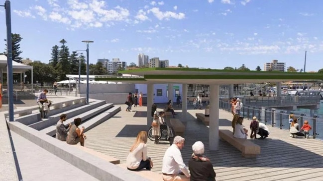 An artist's impression of the proposed refurbished Wharf 3 at Manly, showing the widened promenade and covered seating. Picture: TfNSW