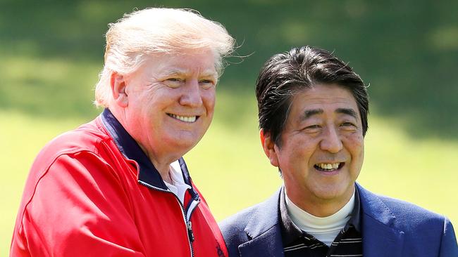 Donald Trump and Shinzo Abe about to play a round of golf at Mobara Country Club in Chiba in May 2019. Picture: AFP