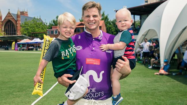 Nick Riewoldt, with sons James and Will, will take part in pre-game entertainment alongside cousin Jack Riewoldt. 