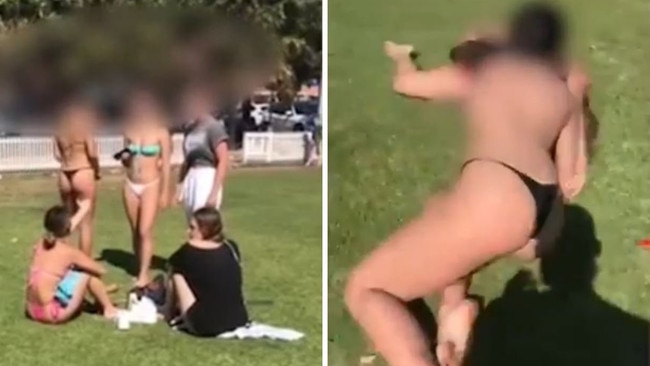 Shocking footage shows a teenage girl attacking two other young females at an eastern suburbs beach on Friday. Picture: Supplied