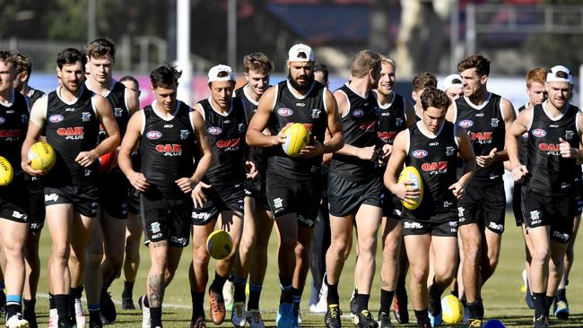 The Port Adelaide squad — minus Dan Houston — at Alberton on Thursday. Picture: AAP Image/Sam Wundke