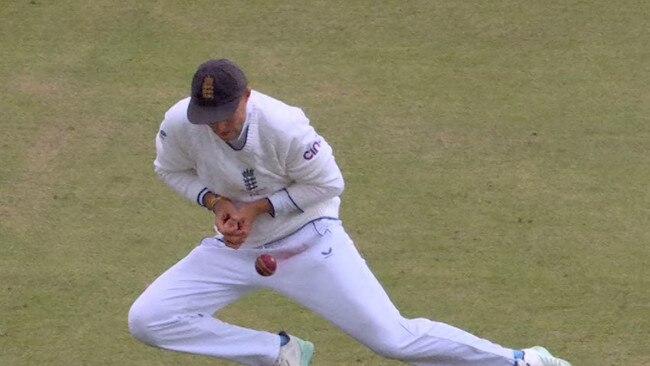 Joe Root drops a sitter. Photo: Channel 9