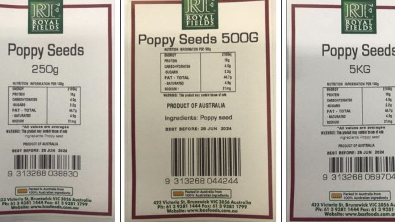 Basfoods Royal Fields Poppy Seeds have been recalled over poisoning fears. Picture: Food Standards Australia