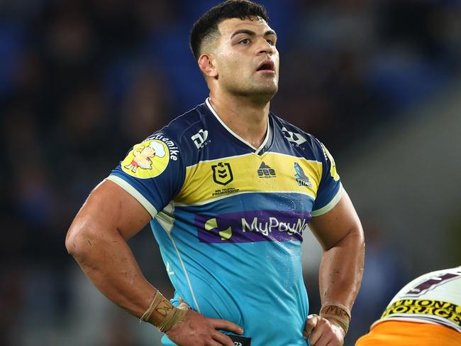 GOLD COAST, AUSTRALIA - JULY 16: David Fifita of the Titans looks on after losing the round 18 NRL match between the Gold Coast Titans and the Brisbane Broncos at Cbus Super Stadium, on July 16, 2022, in Gold Coast, Australia. (Photo by Chris Hyde/Getty Images)