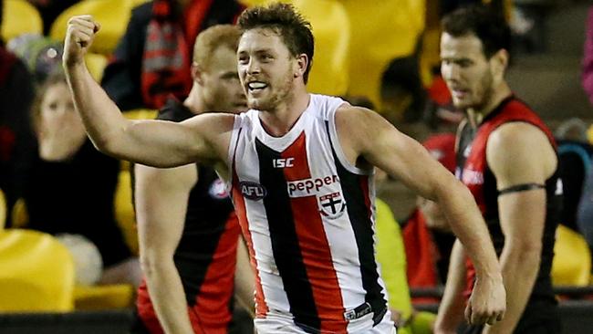 Jack Steven celebrates a goal against Essendon. Picture: Michael Klein