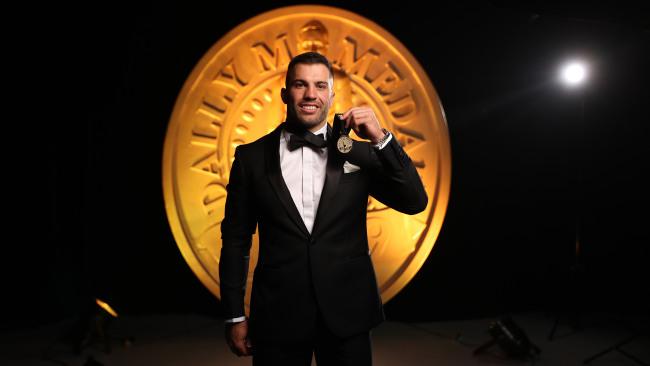 James Tedesco celebrates after winning the 2019 Dally M Medal. Picture: Brett Costello