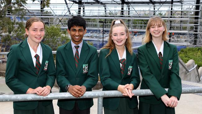 Kelvin Grove State College’s Claudia Czerniawski, Aashay Tidke, Lucy Kelly and Millie Williams are benefiting from massive capital works investment. Picture AAPimage/David Clark