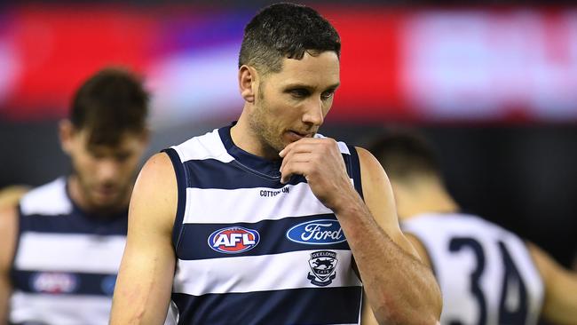 Harry Taylor reacts to missing a shot for goal on the final siren. Picture: AAP Images