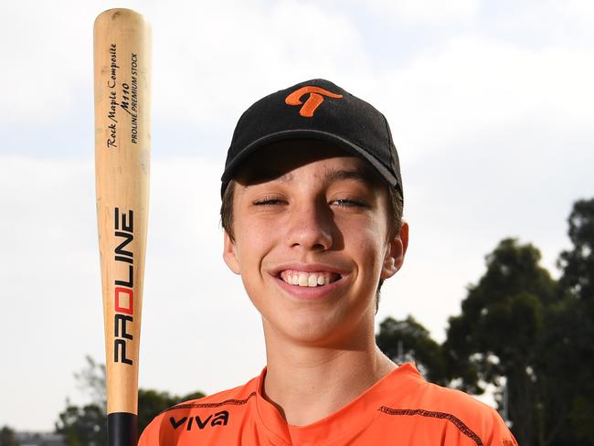 Baseballer Ethan Dunn poses for a photograph in Ivanhoe, Melbourne on Thursday, April 5, 2018. Ethan has been nominated for a sports star award. (AAP Image/James Ross) NO ARCHIVING